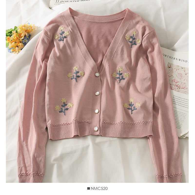 Vintage bestickter kurzer Cardigan einreihiger Langarmpullover 1811