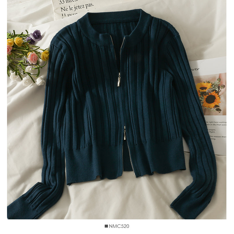 Slim vertical stripe crew neck short Zip Cardigan Sweater  1876