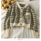 Vintage contrast stitched striped single breasted cardigan sweater  1869