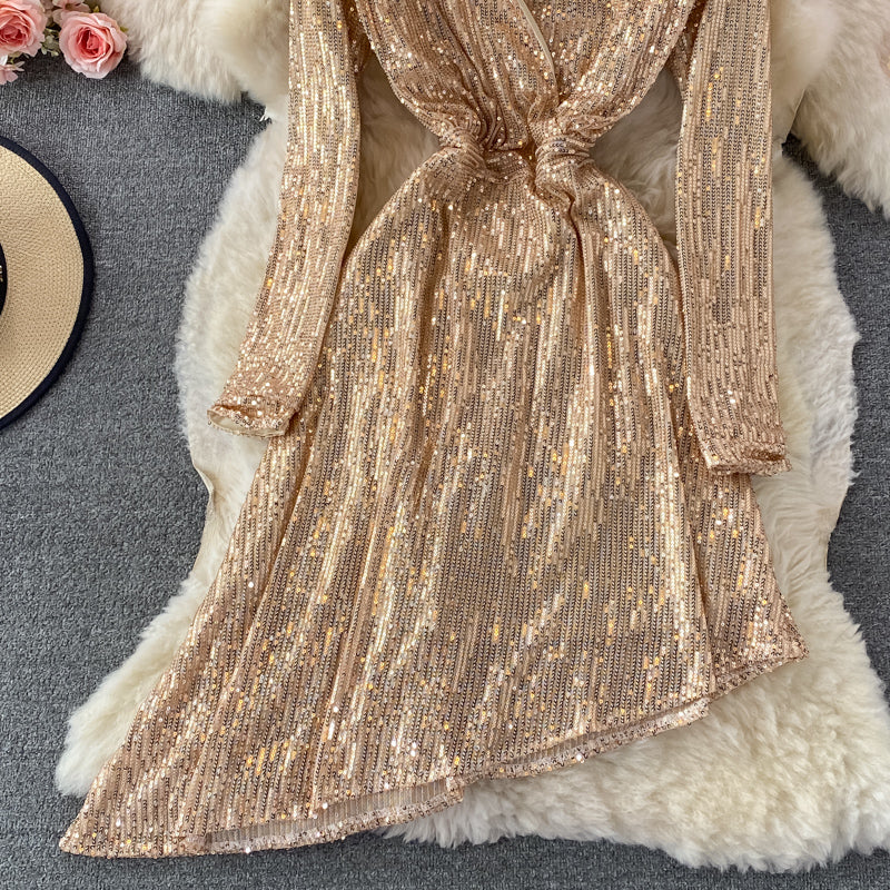 Sexy V-neck irregular Sequin dress  3097