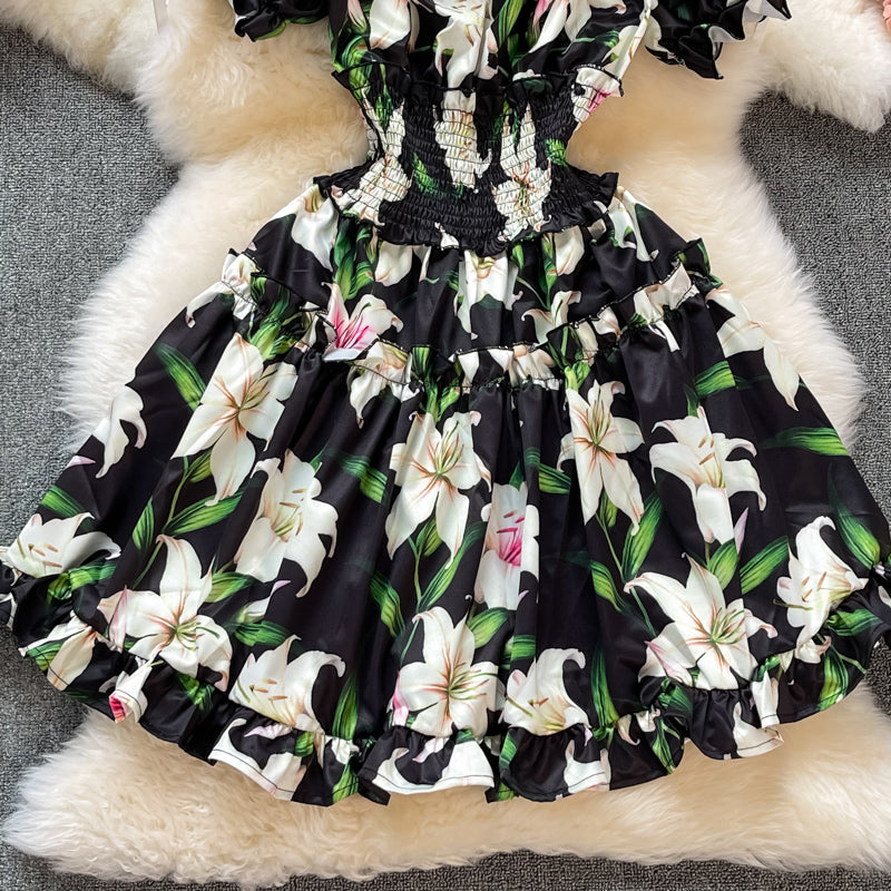 Waist print Ruffle A-line skirt dress  3194