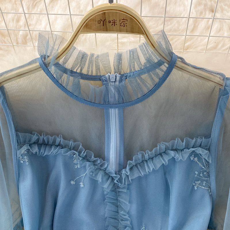 Super xiansen series fungus edge stand collar mesh dress  3263