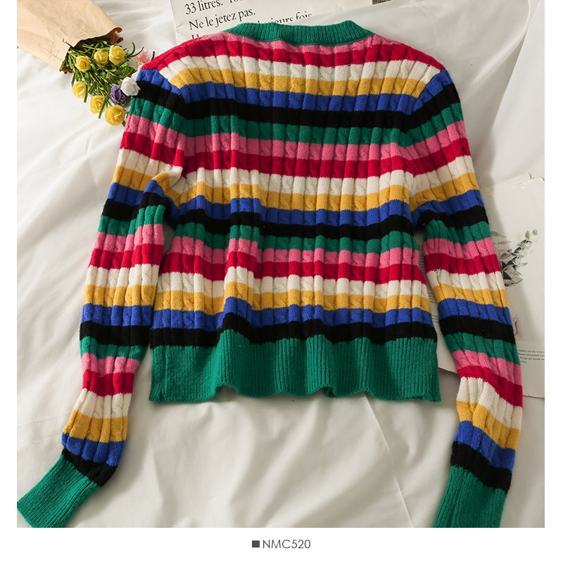 Eleganter einreihiger dünner Damenpullover mit Farbstreifen 1788