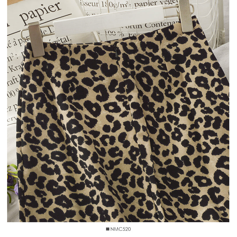 Hong Kong retro leopard print medium length high waist split one-step skirt  2662