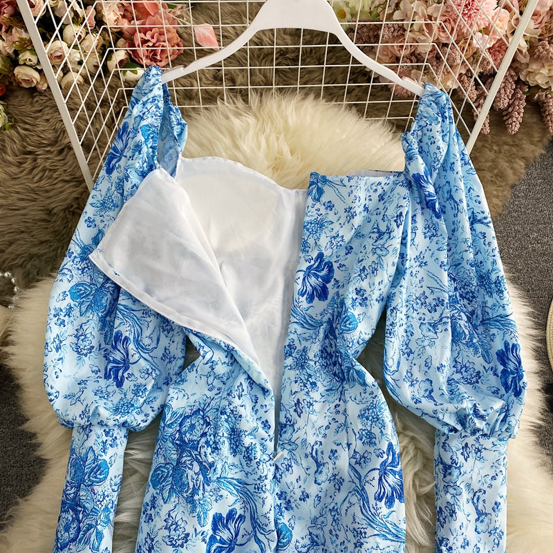 Blue and white porcelain printed square neck sexy Lantern Sleeve Dress  2813