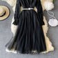Slim waist long sleeve mesh stitched lace dress  2926
