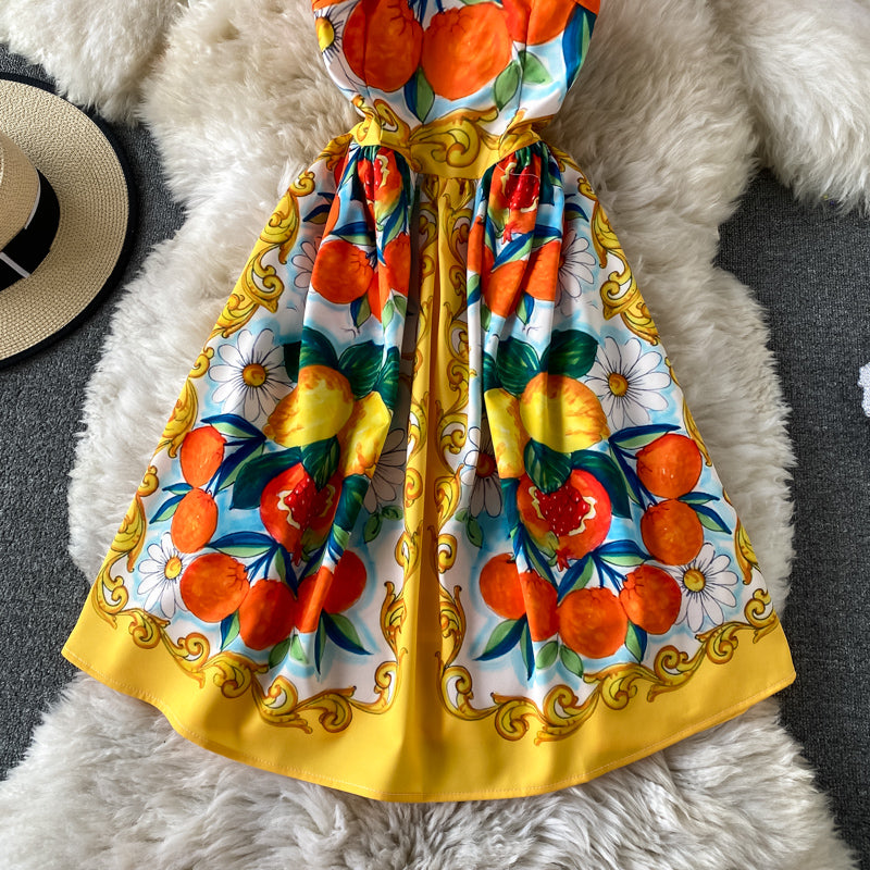 Bow tie strap suspender skirt sweet print age reduction dress  3302