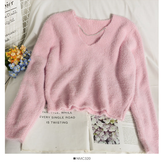 Sweater women's autumn diamond chain decorative V-Neck Sweater  1866