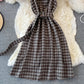 French retro Plaid strap skirt versatile backless A-line dress  2867