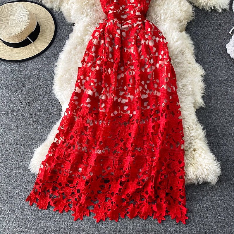 Sling one shoulder hollowed out water-soluble lace dress  2801