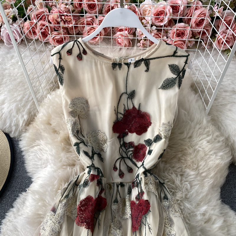 French Vintage mesh Rose Embroidered round neck dress  2942