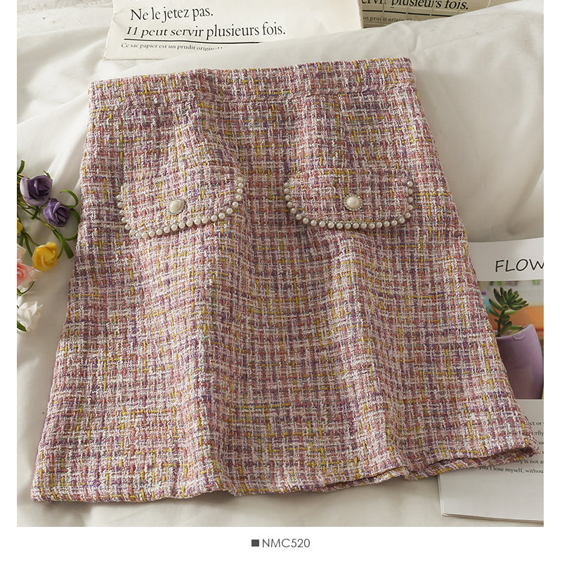 Hong Kong style retro Plaid tweed nail bead high waist hip wrap skirt female  2539