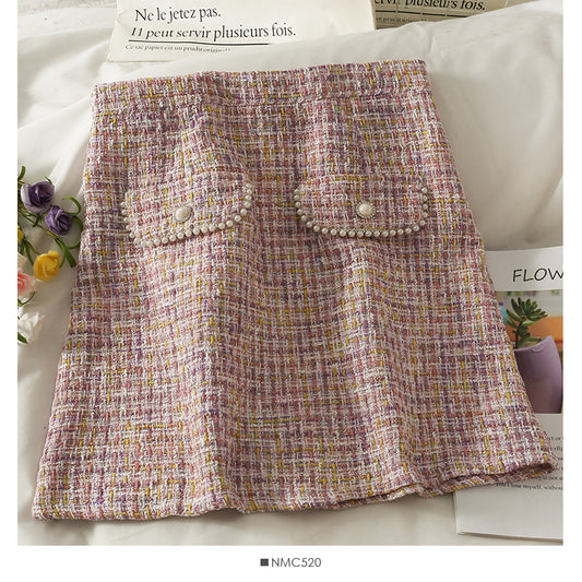 Hong Kong style retro Plaid tweed nail bead high waist hip wrap skirt female  2539