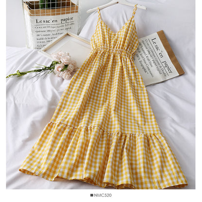 Plaid small Qingxin loose tight waist thin medium length dress  2682