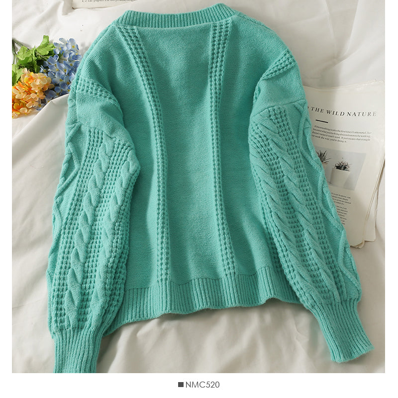 Sweater women's T-neck cardigan top loose and thin, versatile linen pattern long sleeve sweater  2069