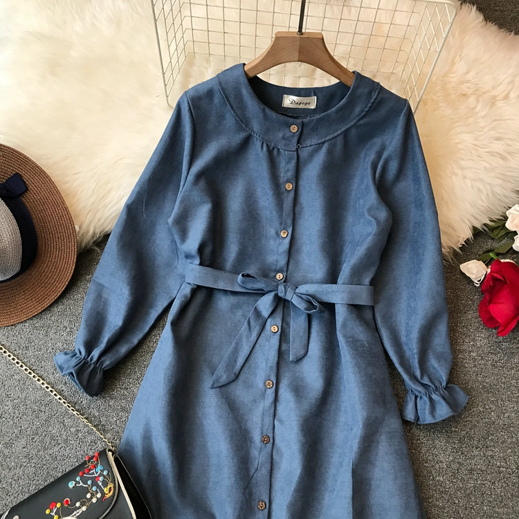 Rüschen-Schnürkleid mit Rundhalsausschnitt und hoher Taille 3398