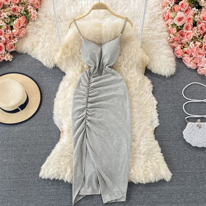 Pleated split suspender skirt with exposed backpack hip dress  3059