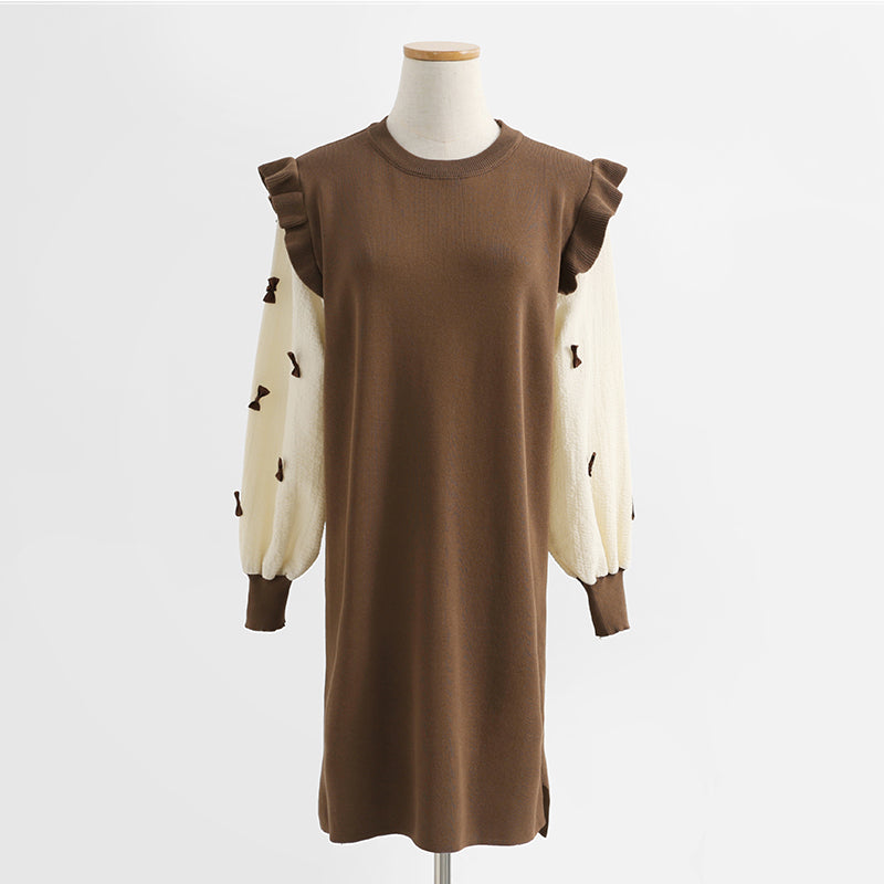 Loose and slim long sleeved wool dress over knee knitted skirt bottomed long skirt  2445