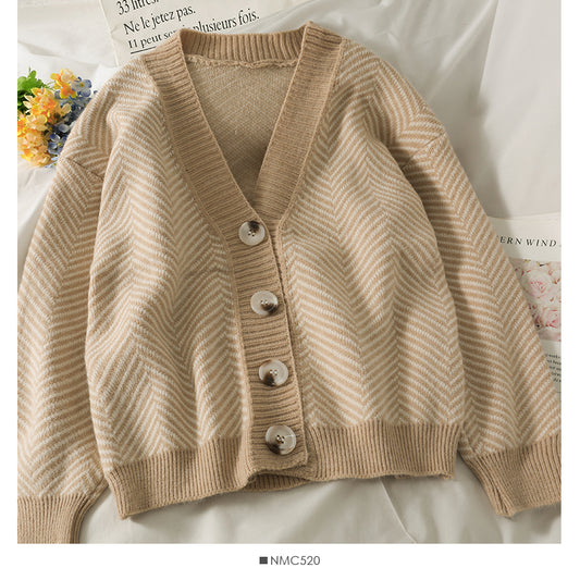 Kontrastgenähter, gestreifter, lockerer, dünner Cardigan 1974