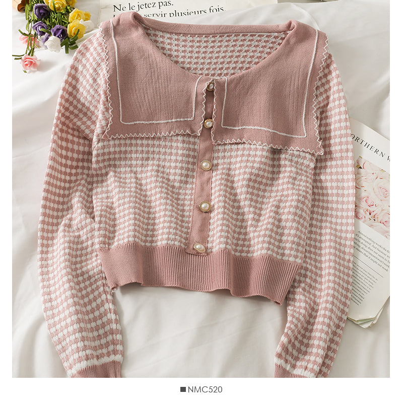 Slim and slim check long sleeve sweater women's doll neck  1760