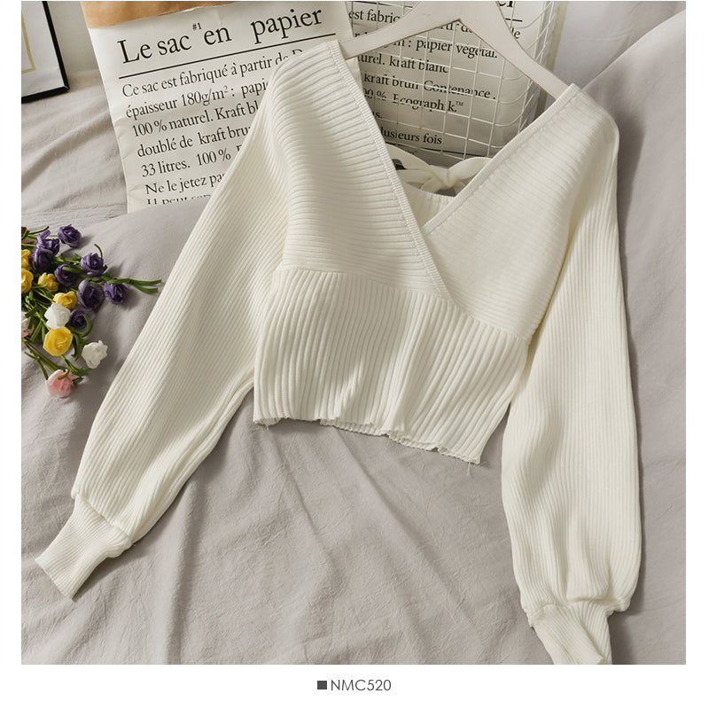 Women's Cross V-Neck long sleeve short waist knit  1698