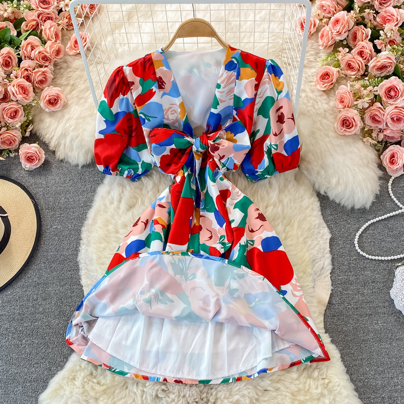 French retro V-neck Floral Dress  2923