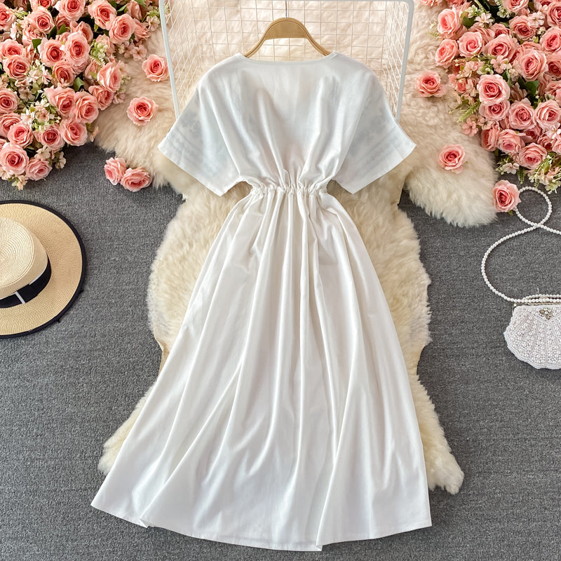 Embroidered V-neck cotton linen dress  3078