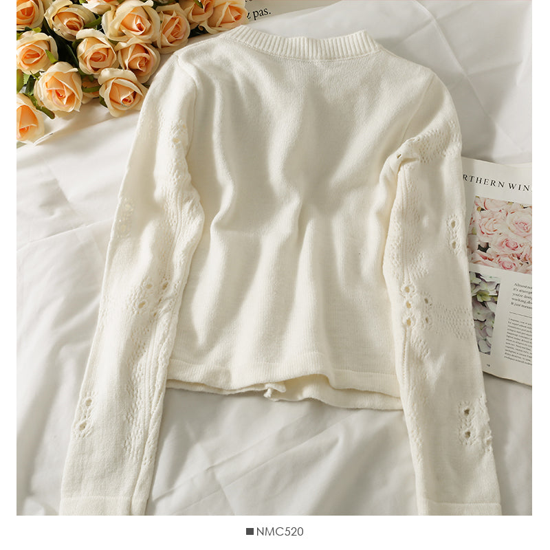 Sweater female hollow out Crochet pocket design top Korean single sweater  2059