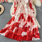 Temperament loose bow tie lace print dress  3351