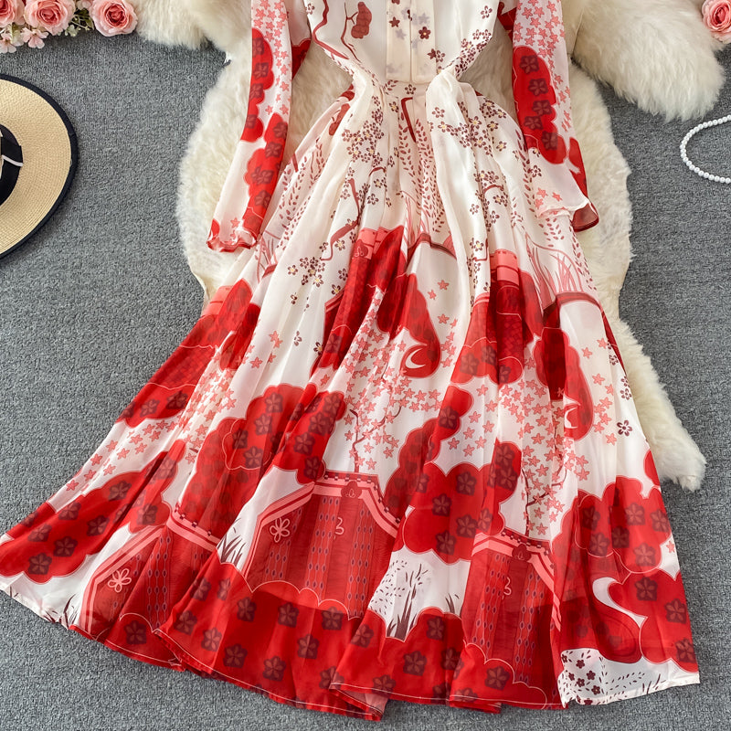 Temperament loose bow tie lace print dress  3351