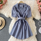 Slim waist, solid color short sleeve suit dress  3197