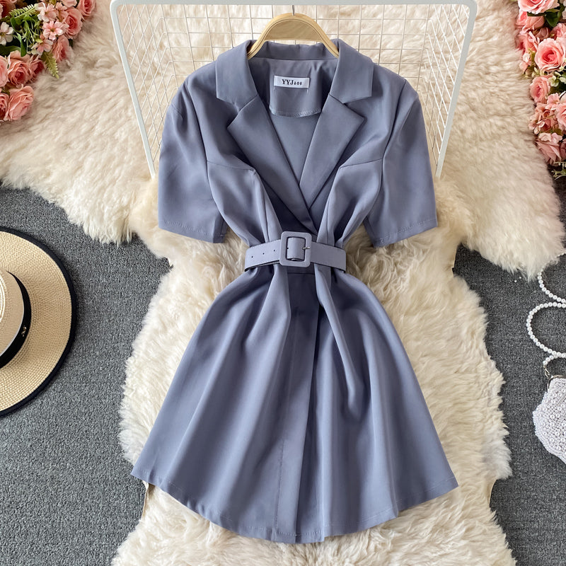 Slim waist, solid color short sleeve suit dress  3197
