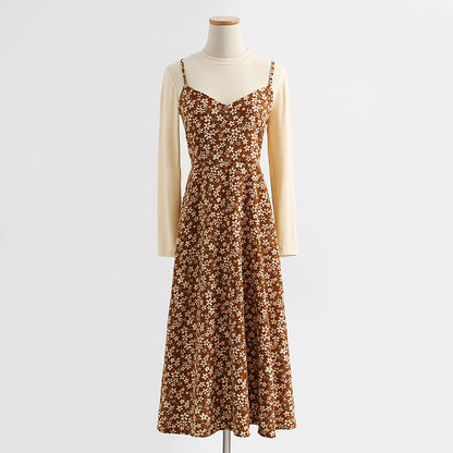Floral skirt corduroy suspender dress women's two-piece suit  2177