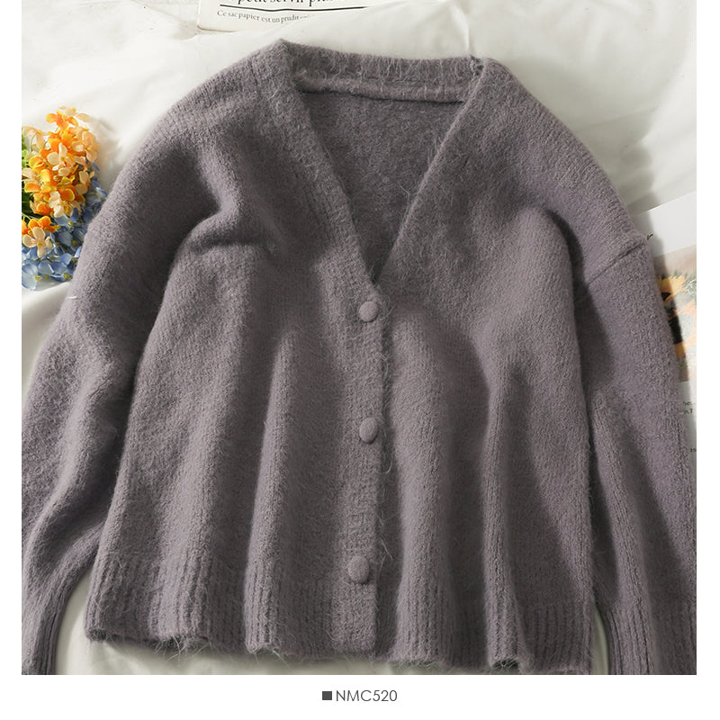 Sweater women's low neck single breasted cardigan long sleeved top solid color versatile  2044
