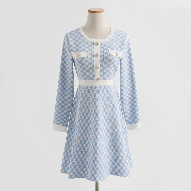 Small fragrance dress long sleeve slim thousand bird check skirt  2425