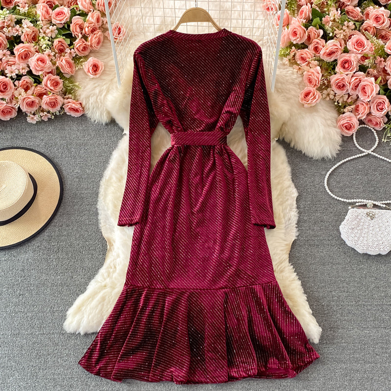 Hot diamond V-neck velvet dress fishtail long skirt  3107