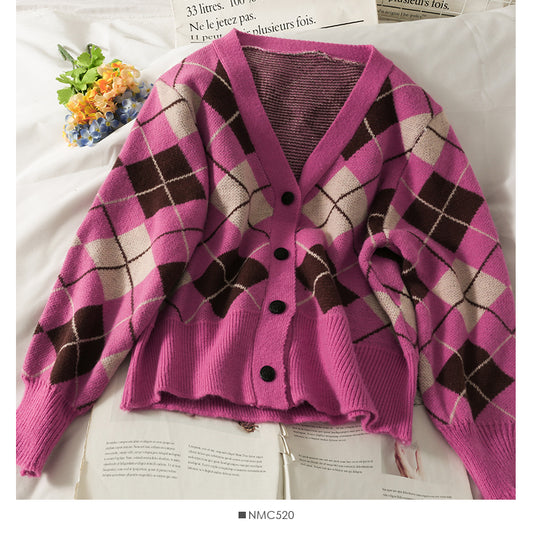 Einreihiger Pullover mit V-Ausschnitt und Rautenmuster für Damen 1778
