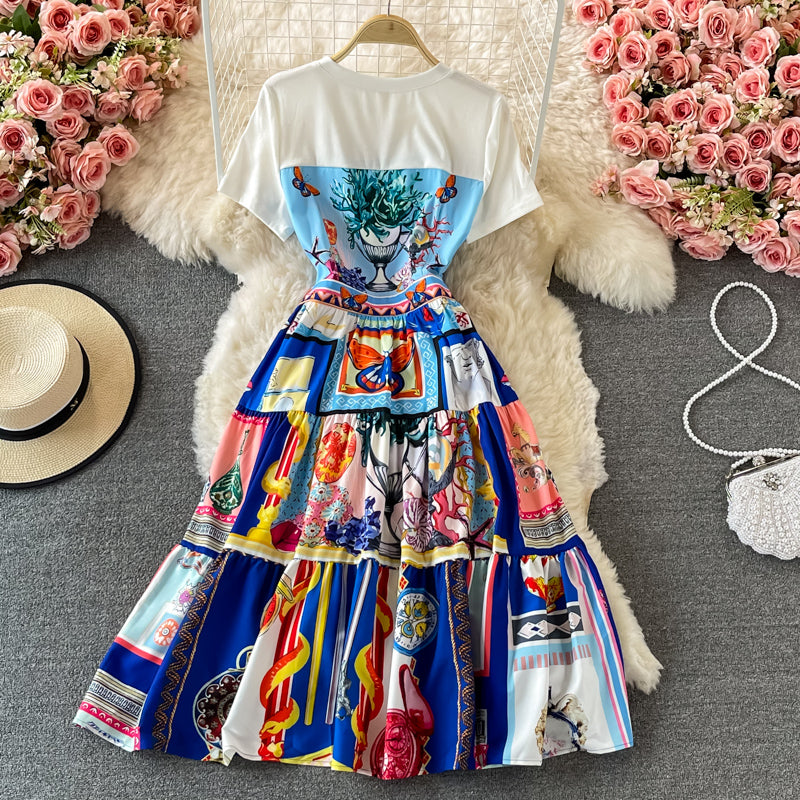 Temperament slim waist print Crew Neck Dress  2901