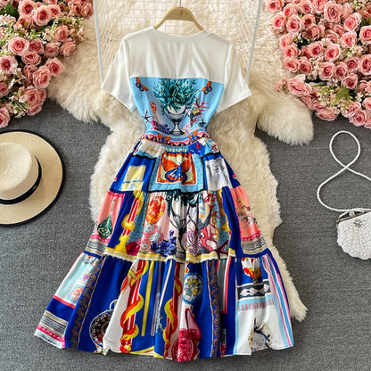 Temperament slim waist print Crew Neck Dress  2901