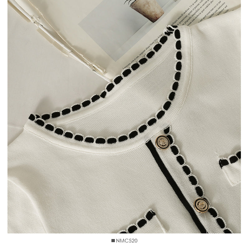 Korean Vintage stripe wave edge round neck single breasted sweater  2037
