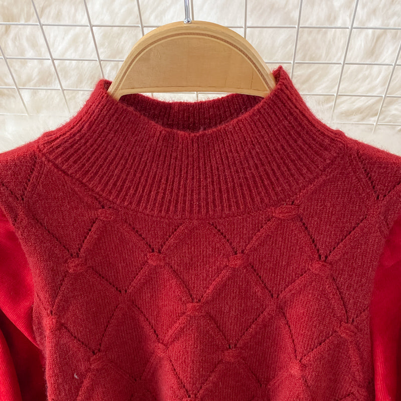 Gestricktes, zweiteiliges, langärmliges, gestricktes, genähtes Kordkleid in A-Linie 3365