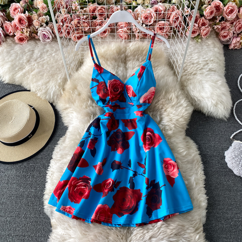 Temperament print slim back A-line dress  2807