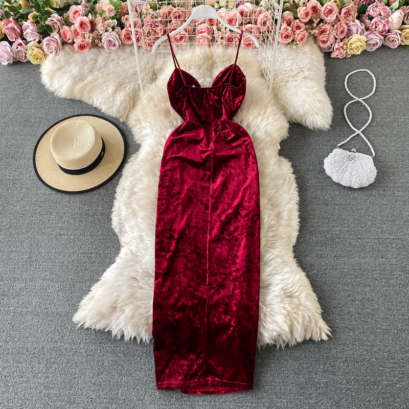 Velvet suspender split dress  3050