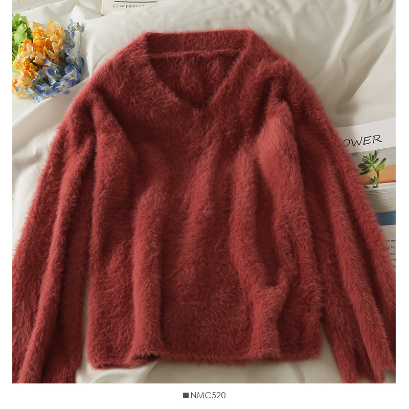 Plush loose thin V-Neck Sweater Korean versatile long sleeve Pullover Top  1995