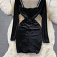 Korean new V-neck velvet with diamond temperament waist closing  2846