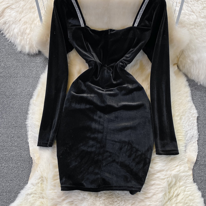 Korean new V-neck velvet with diamond temperament waist closing  2846