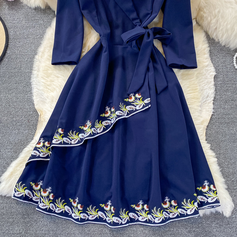 Temperament V-neck lace up skirt Ruffle embroidered dress  3250