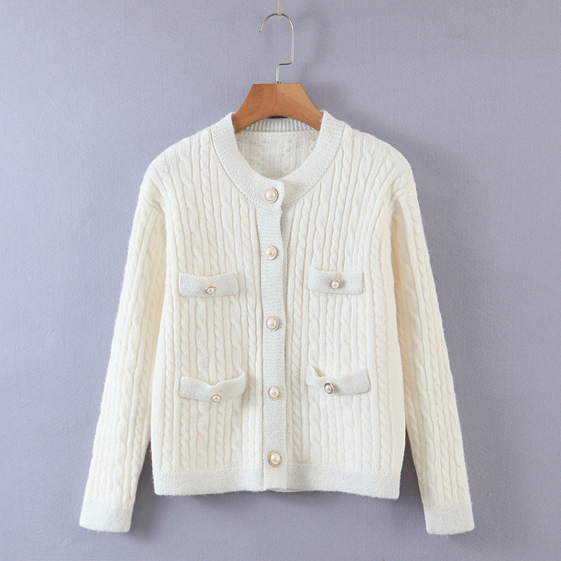 Pull cardigan à boutons nacrés pour robe femme avec petit parfum et design torsadé 1350
