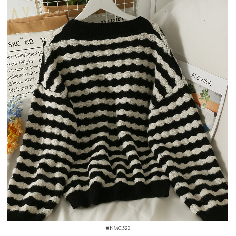 Sweater women's striped single breasted cardigan long sleeved sweater  1982