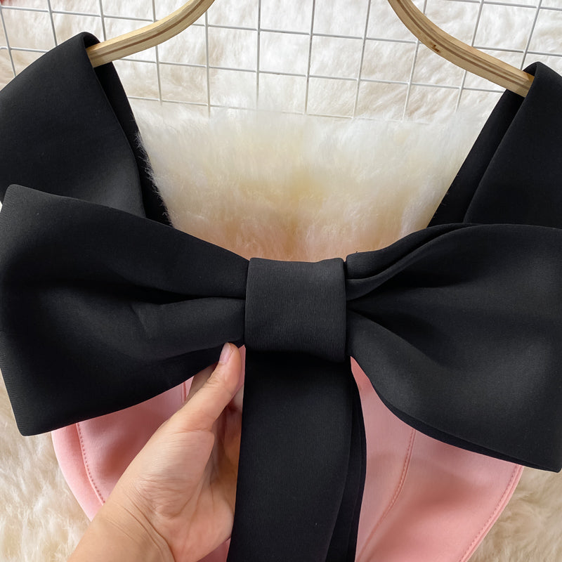 Light luxury celebrity dress open back suspender skirt large bow slim fit  2730